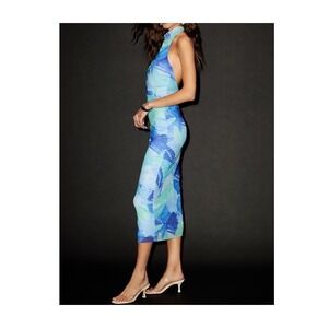 NWT Lulus Idyllic in Ibiza Blue Abstract Print Mock Neck Halter Midi‎ Dress XS